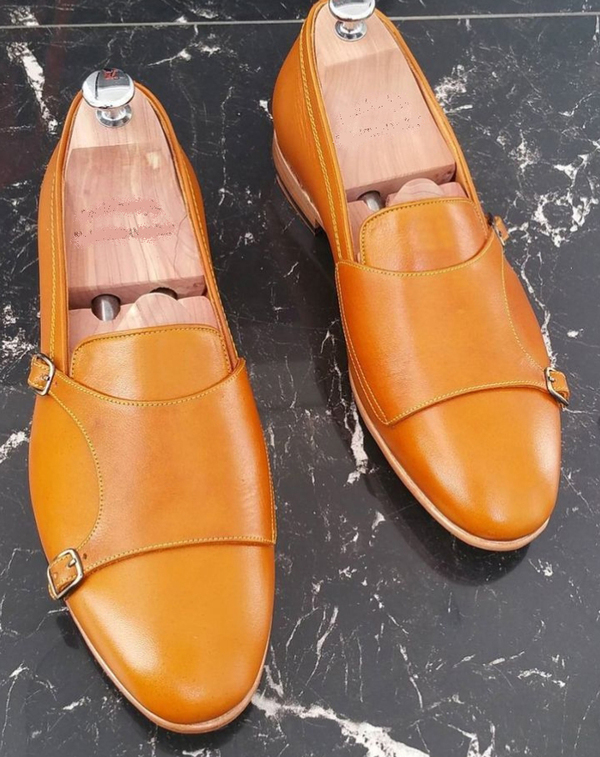 Tan Double Monk Handmade Leather Shoes, Men's Party Wear Decent Personality Shoe