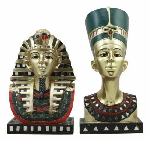 Ebros Golden Mask of Egypt Pharaoh King TUT and Queen Nefertiti Statue Set of 2