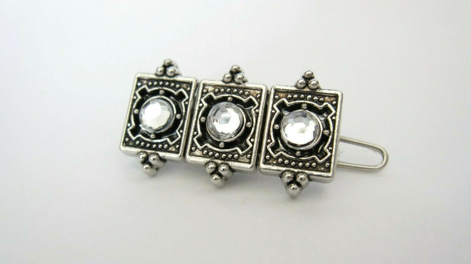 Small tiny silver metal filigree and crystal hair clip barrette for fine hair