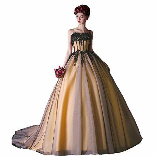 Kivary Custom Made Black Beaded Lace Long Gothic Prom Wedding Dress Gold Ball Go