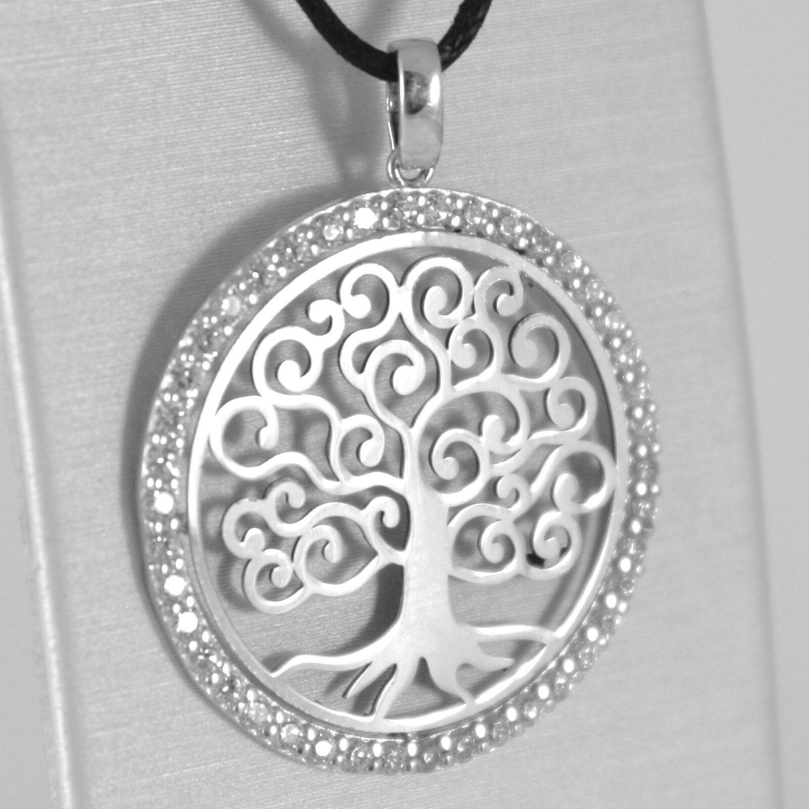 Primary image for 18K WHITE GOLD TREE OF LIFE PENDANT, 1.22 INCHES, ZIRCONIA, MADE IN ITALY