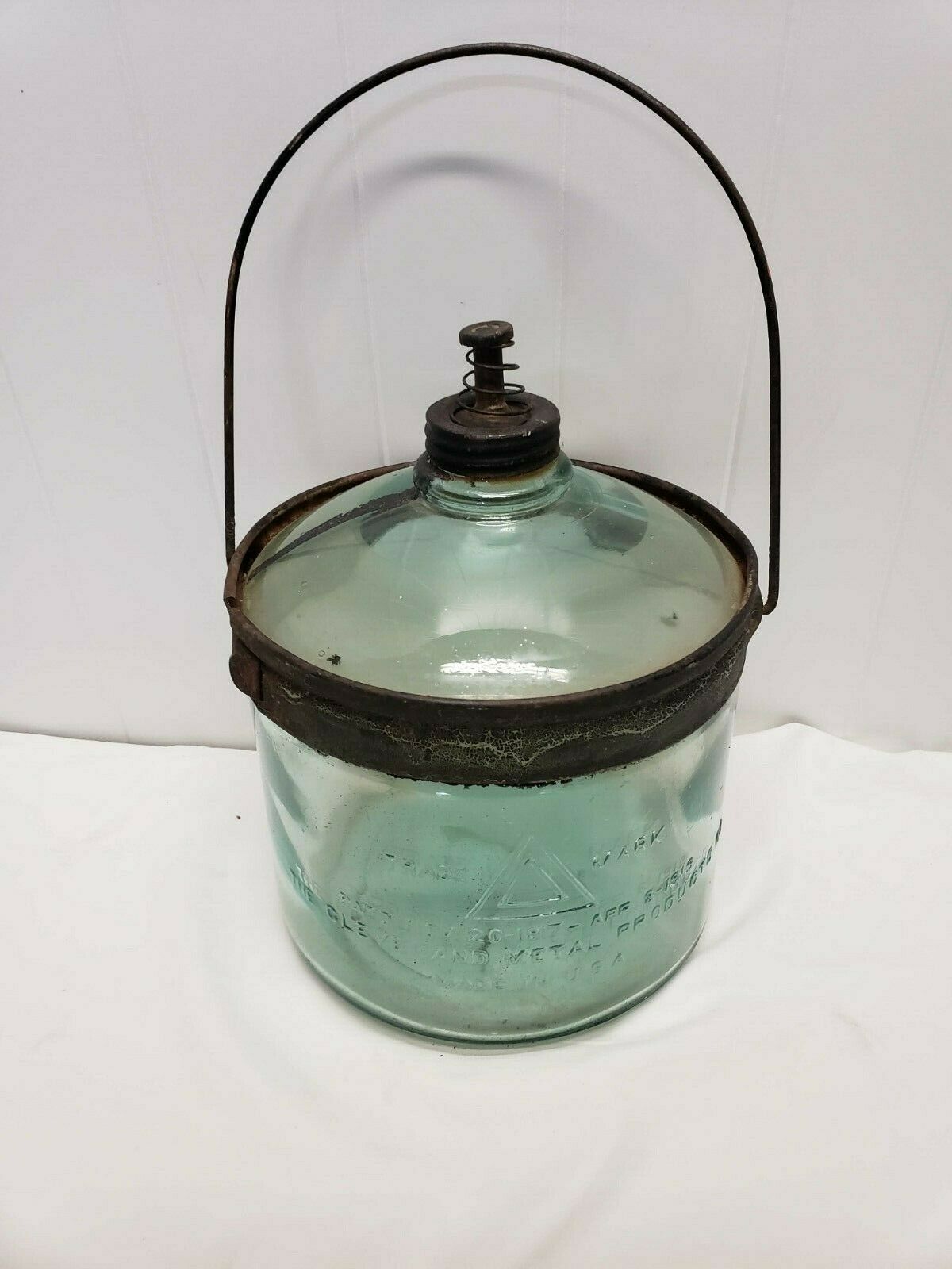 Antique 1919 One Gallon Glass Kerosene Jar Bottle Cleveland Metal