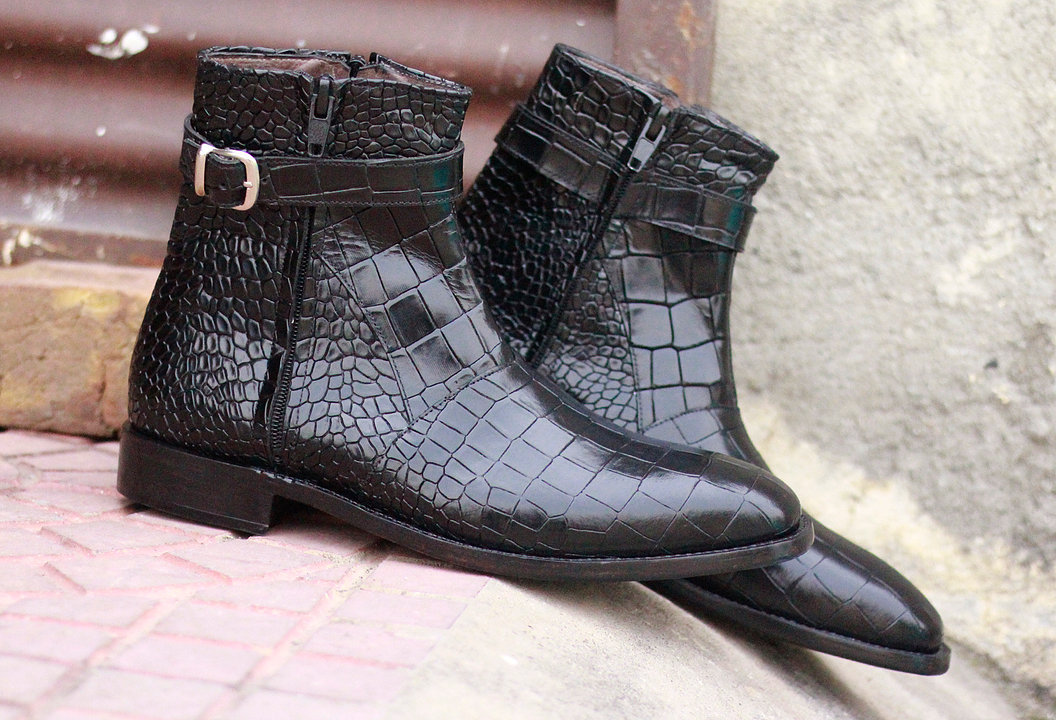 Handmade Men Black Alligator Textured Leather Zipper Boots, mens ankle high boot