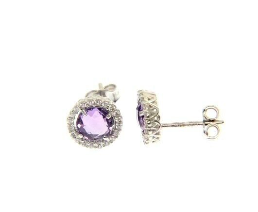 Primary image for 18K WHITE GOLD EARRINGS CUSHION ROUND PURPLE AMETHYST AND CUBIC ZIRCONIA FRAME