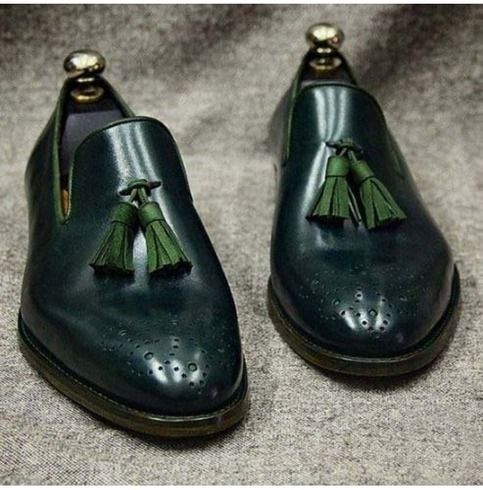 Bespoke Men's Forest Green Leather Loafer Moccasin Formal Dress Leather Shoes