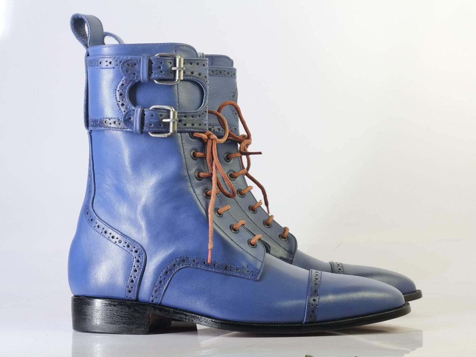 Bespoke Blue Cap Toe Leather Buckle Long Boots For Men's - Boots
