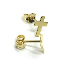 18K YELLOW GOLD EARRINGS SMALL FLAT CROSS, SHINY, SMOOTH, 10mm, MADE IN ITALY image 2