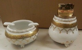 Vintage gold &amp; white porcelain table Lighter ashtray smoke set antique s... - $79.99