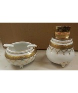 Vintage gold &amp; white porcelain table Lighter ashtray smoke set antique s... - $79.99