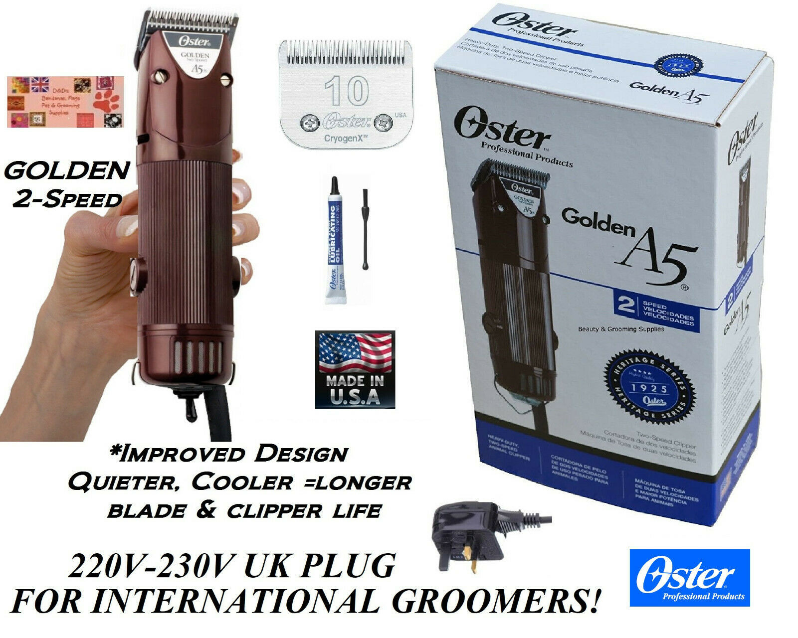 Oster A5 GOLDEN 2 Speed 220V–230V CLIPPER KIT&CryogenX 10 DETACHABLE ...