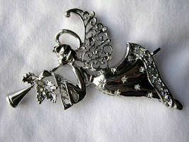 3.5" Silver Angel Pin Brooch with WINGS Playing Trumpet White - $29.37