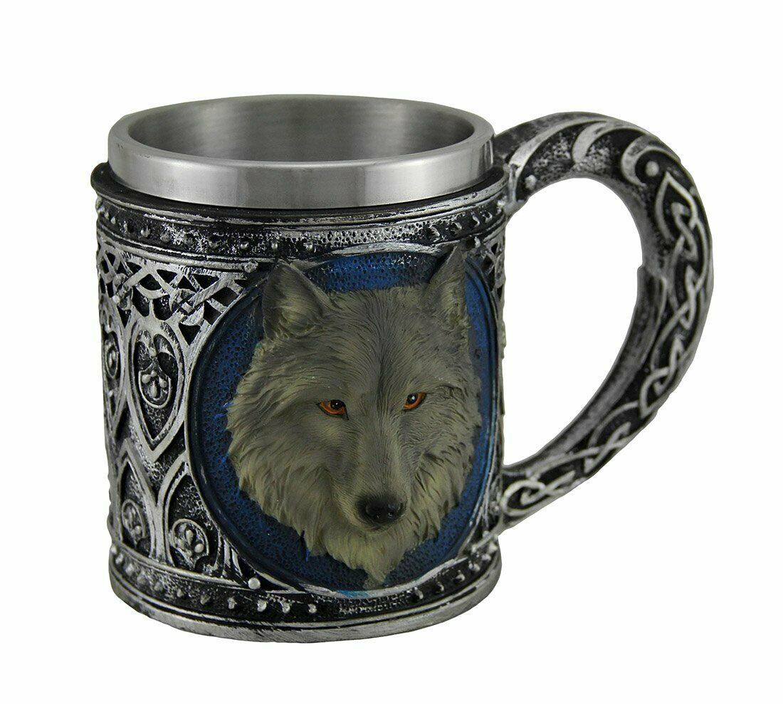 Ebros Alpha Gray Wolf Celtic Tribal Magic Resin 16oz Mug w/ Stainless Steel Rim