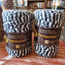 2 Skeins of Lion Brand Fettuccini Fabric Remnant Yarn - Black,White, Gray Stripe - $24.20
