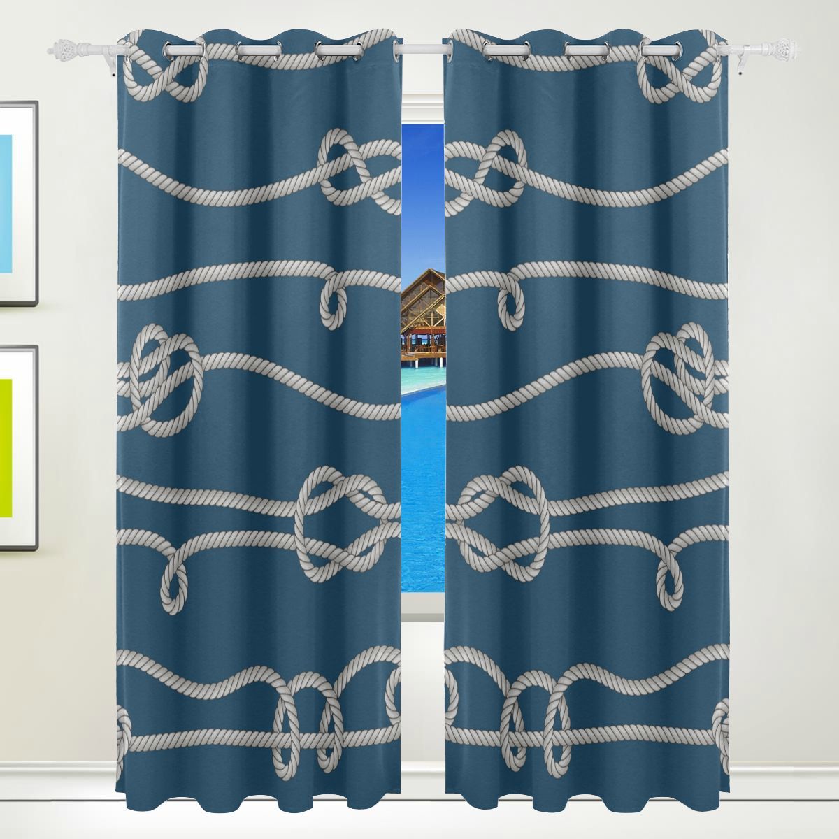 54 Inch Window Curtains Marine Rope Knot Navy Ocean Print Printed