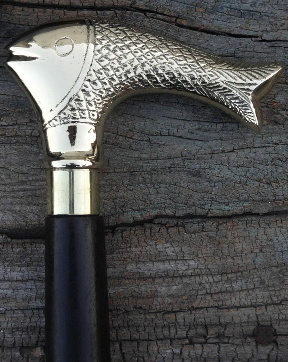 BRASS WALKING STICK FISH STYLE DESIGNER HANDLE VINTAGE WOODEN STICK