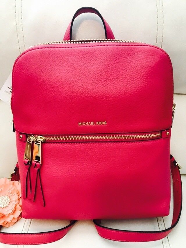 NWT Authentic Michael Kors Rhea Zip Slim Ultra Pink Medium Backpack ...