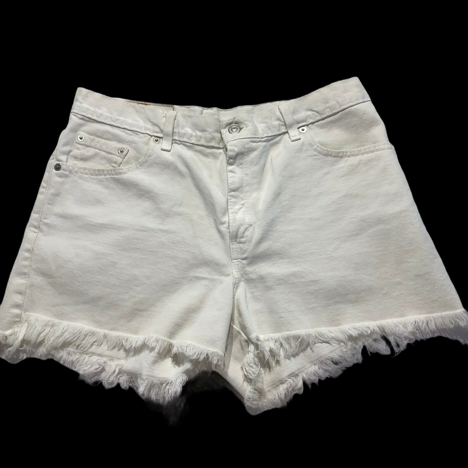 Primary image for Levis 555 Guy Fit Womens Size 12 Cutoff Frayed White Jean Denim Shorts 3" inseam