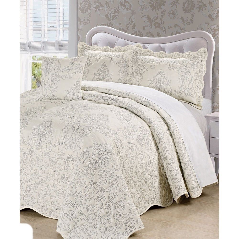 Queen King Bed Solid Off White Embroidered 4 pc Quilt Set Coverlet ...