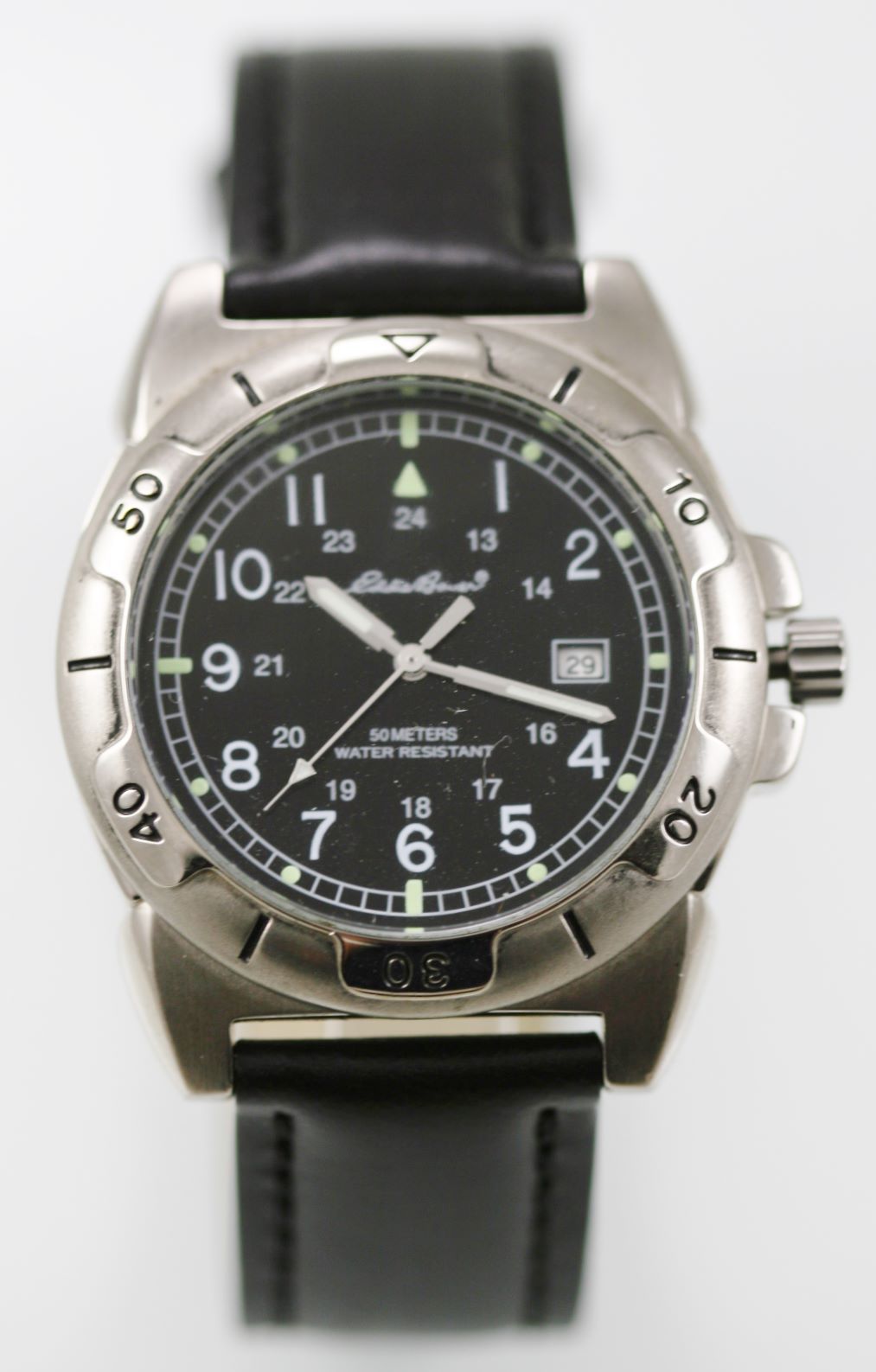 Eddie Bauer Men Watch 24hr Date Silver Stainless Steel 50m Leather