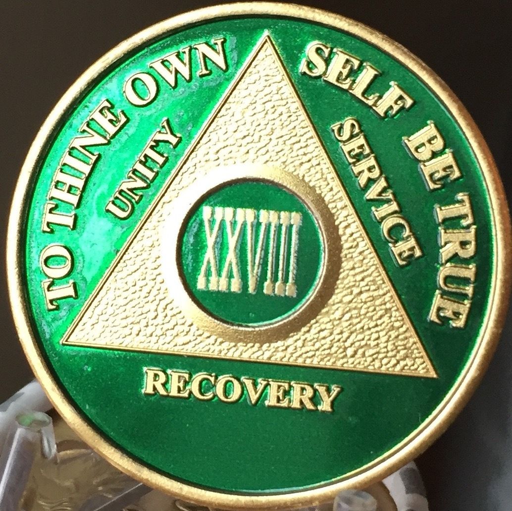 28 Year AA Medallion Green Gold Plated Alcoholics Anonymous Sobriety Chip Coin