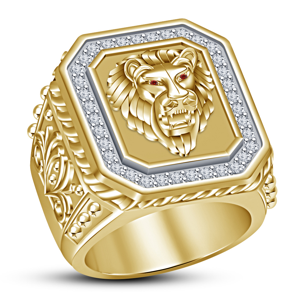 Round Cut D/VSS1 Diamond 18K Yellow Gold Over Lion Design Mens Pinky ...