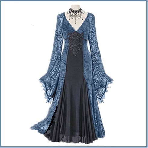 Renassiance Blue Sheer Layered Lace Brocade Long Sleeves Giornea Overdress Gown