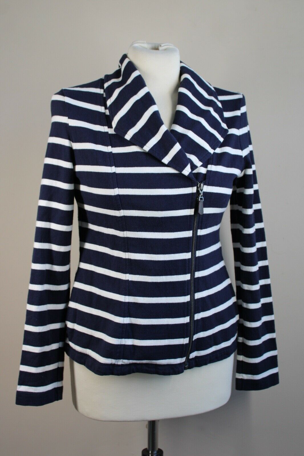 Talbots S Navy Blue White Stripe Asymmetrical Zip Cotton Blazer Jacket