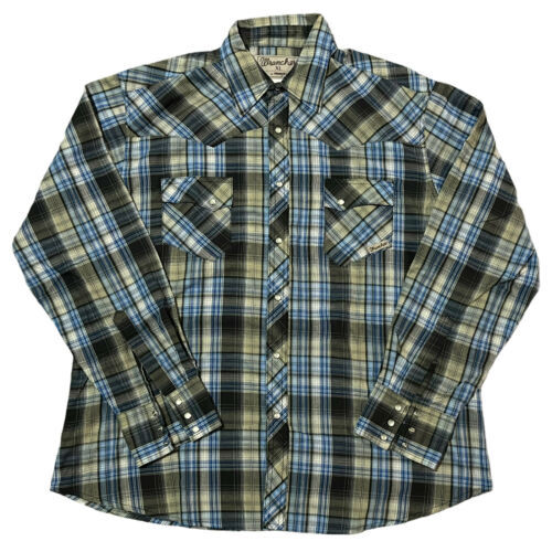 Primary image for Wrangler Wrancher Men’s XL Blue Plaid Pearl Snap Long Sleeve Shirt Western