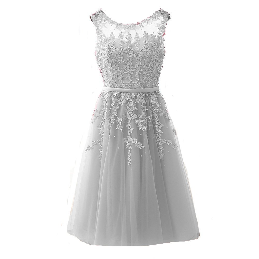 Kivary Sheer Tulle Bateau Tea Length Short Lace Pearls Prom Homecoming Dresses S