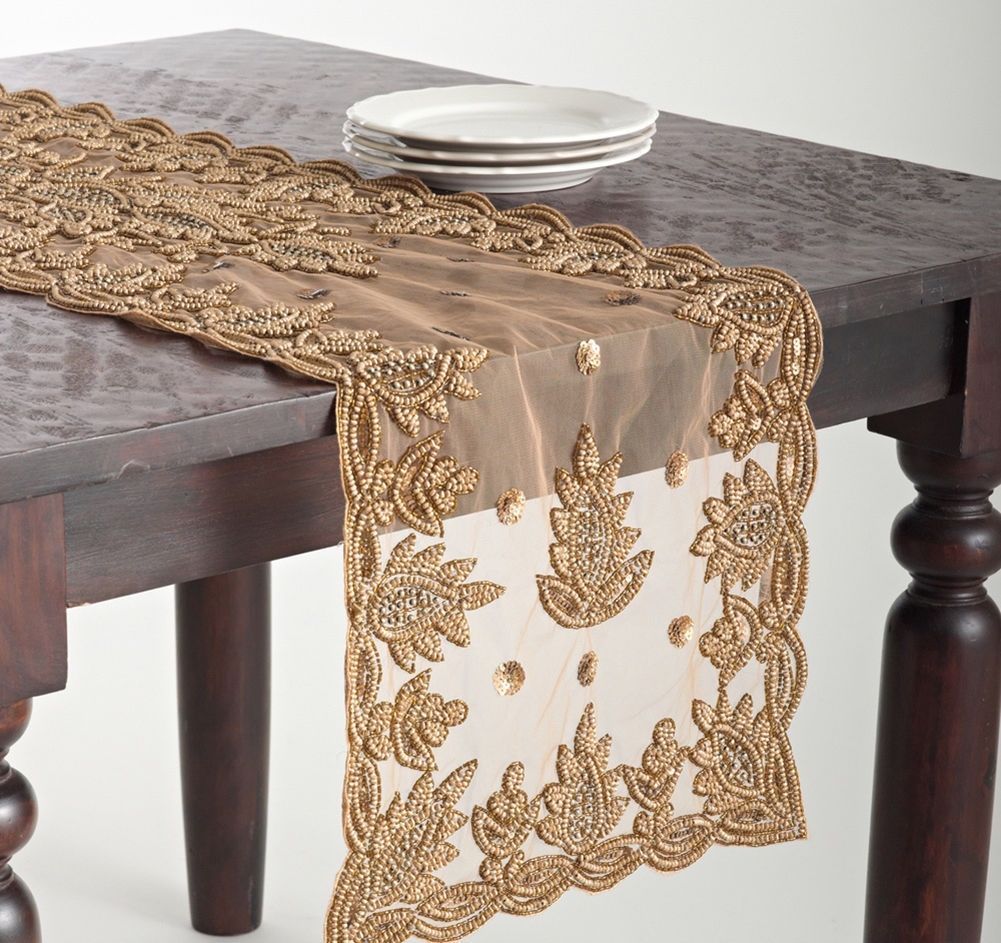 Elegant Lakshmi Hand Beaded Rectangular Table Runner, 3 Colors, NEW