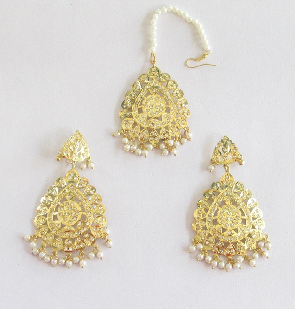 Gold Jadau Pearl Beads Earrings Tikka/Indian Punjabi Mughal Muslim Long