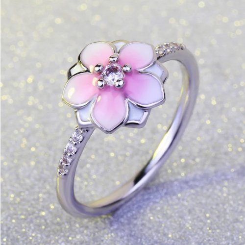 High Quality 925 Sterling Silver Plated Pink Daisy Blossom Pandora Ring