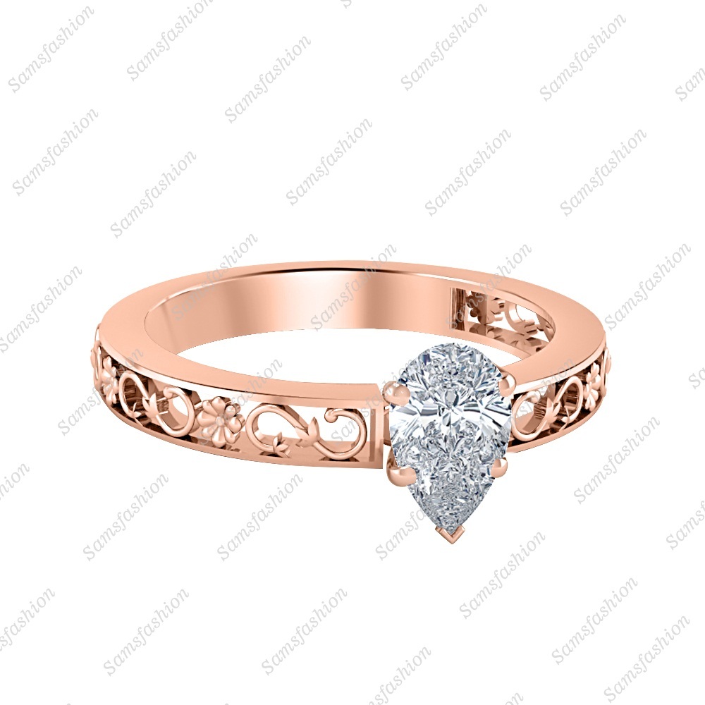 Women's Solitaire Pear Shaped CZ Diamond 14k Rose Gold Over Engagement Ring