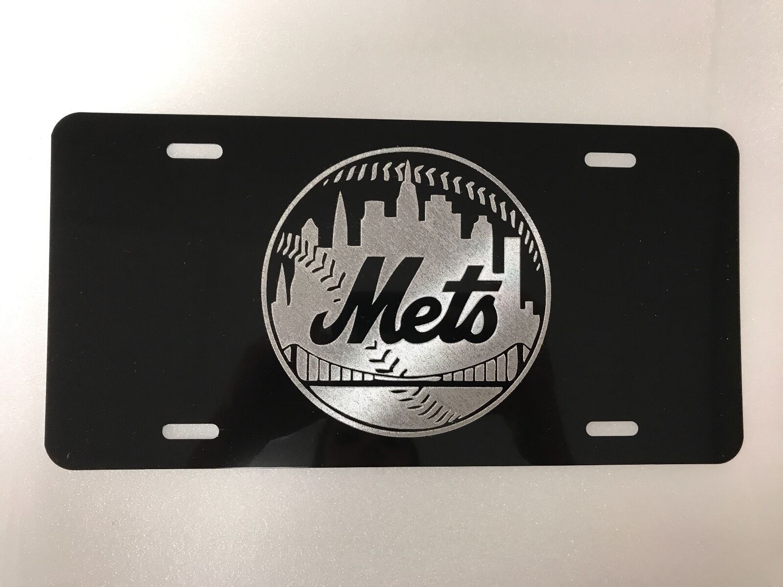 New York Mets Logo Car Tag Diamond Etched on Black Aluminum License Plate