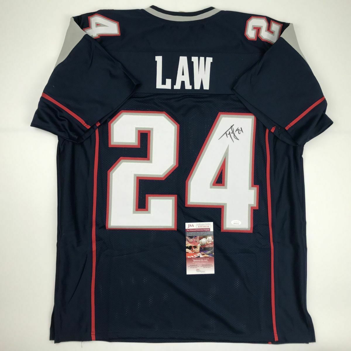 Autographed/Signed TY LAW New England Blue Football Jersey JSA COA Auto ...