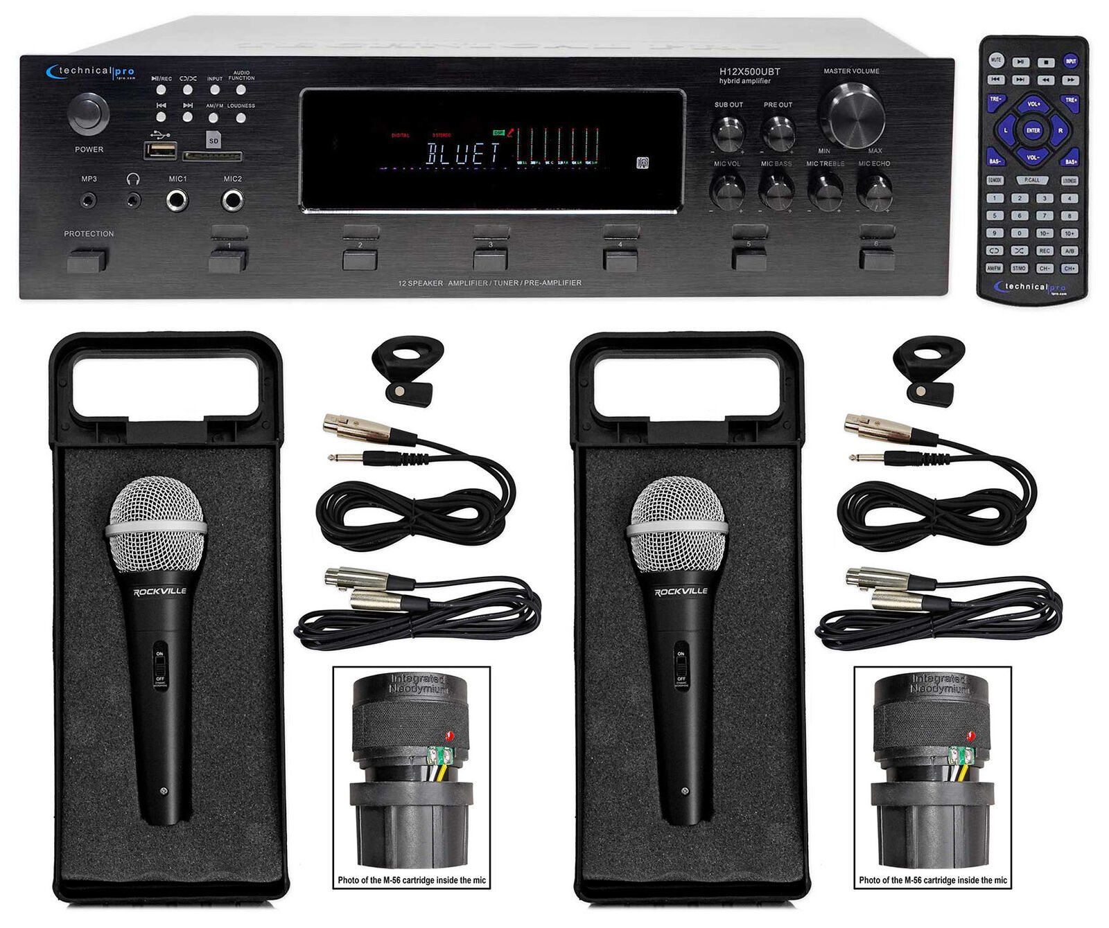 Technical Pro 6000 Watt Bluetooth Karaoke Amplifier Receiver w/ USB, SD+(2) Mics