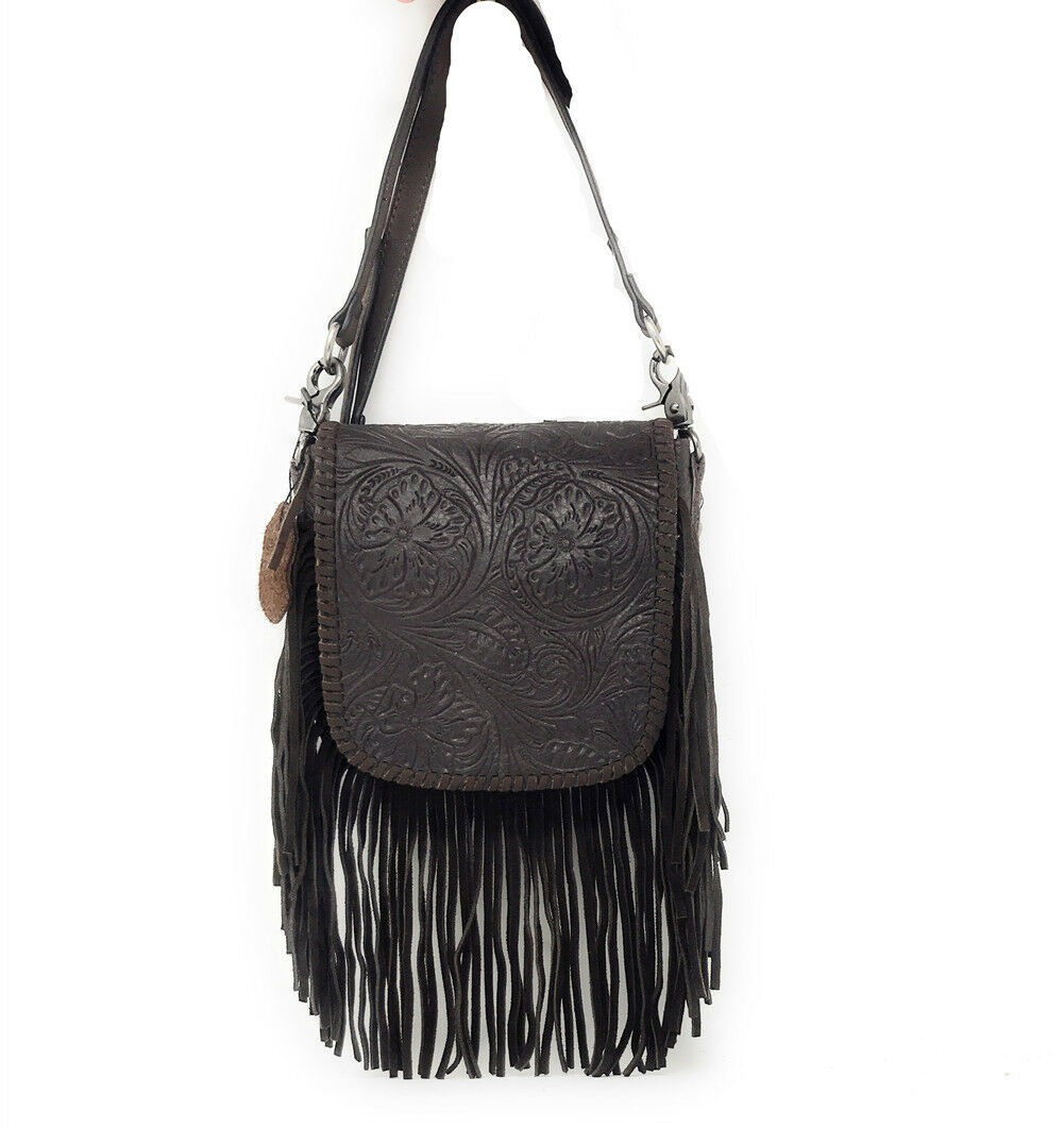 Western Genuine Leather Floral Tooled Fringe Crossbody Bag In Multi Color Handbags And Purses 8177