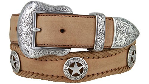 Black Cowhide Western Belt w//Large solid conchos w//Center Shimmering Blue Star