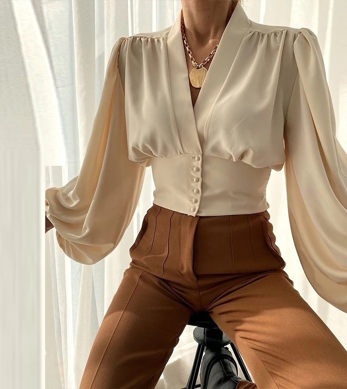New beige sexy V neck long sleeve button down elegant women blouse feminine top
