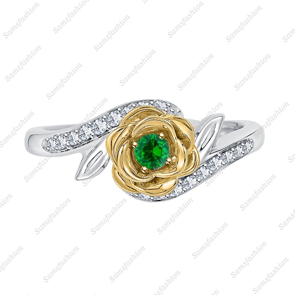 Disney Belles 14k Two Tone Gold Over Emerald & White Diamond Flower Fashion Ring