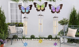 Butterfly Wind Chime Hanging 38" Long Iron Glass Colors Blue, Green or Purple