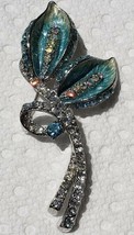 Lily Pin Brooch Silver Colour with Blue & White Crystals 2.75" Long - $31.40