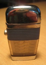 SCRIPTO Mini VU Lighter Art Deco Blue Band &amp; Silver Tone Lighter Made in... - $19.99