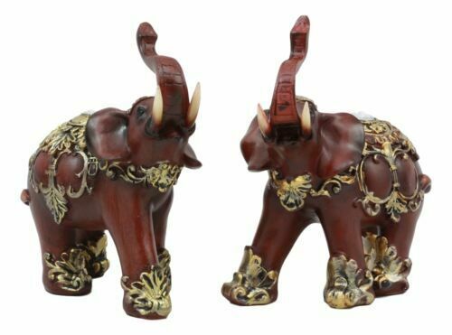 Ebros Faux Wood Feng Shui Elephant with Trunk Up Set of 2 Thai Buddhism Figurine