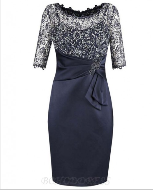 Sheath Bateau Half Sleeves Navy Blue Mother of The Bride Dress with Lace Beadi