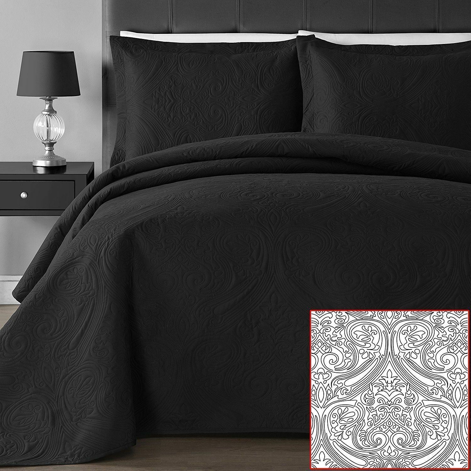 Full Queen Cal King Size Solid Black Oversized 3 pc Quilt Set Coverlet