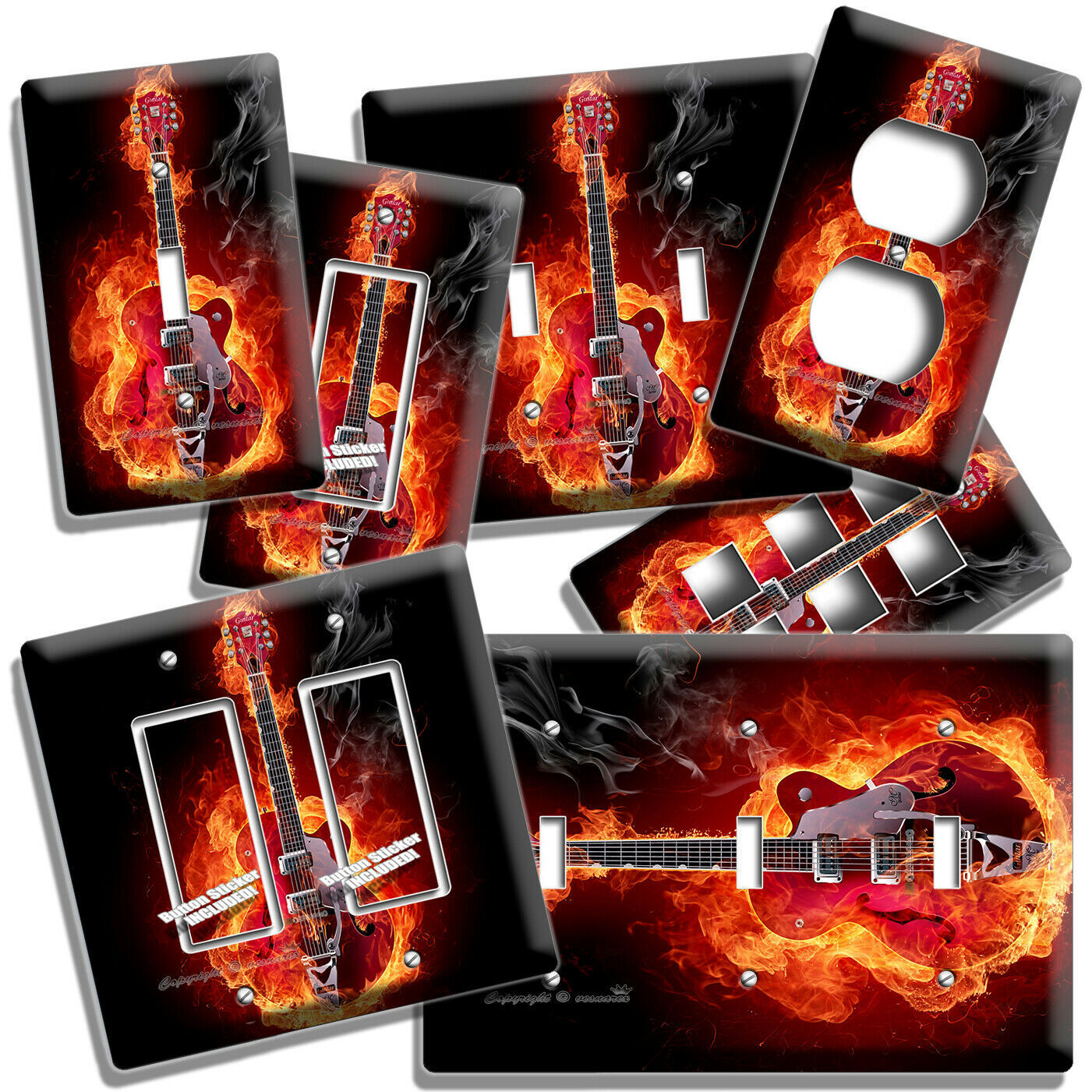 RED FLAME BASS ELECTRIC GUITAR LIGHT SWITCH OUTLET PLATE MUSIC STUDIO ROOM DECOR