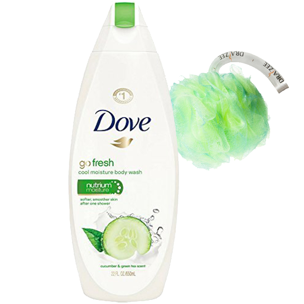 NEW Dove Body Wash Cool Cucumber & Green Tea 24 Ounces with 5 Draizee Sponge