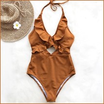  Ruffled Neck Halter Backless Padded Bra High Cut Carmel Color Monokini Swimsuit