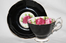 Royal Albert England Black with Pink Roses Tea Cup &amp; Saucer Set #2268 - $48.00